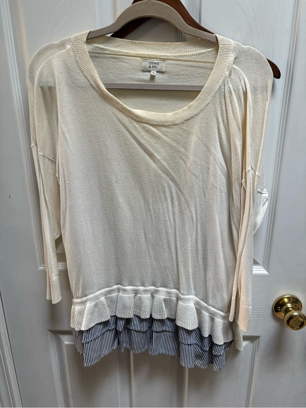 crown & ivy Cream Lightweight Ruffle Hem Pullover with Striped Layer